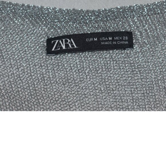 Zara Silver Metallic Knit Crochet Caftan Dress Fringe M - Picture 6 of 8